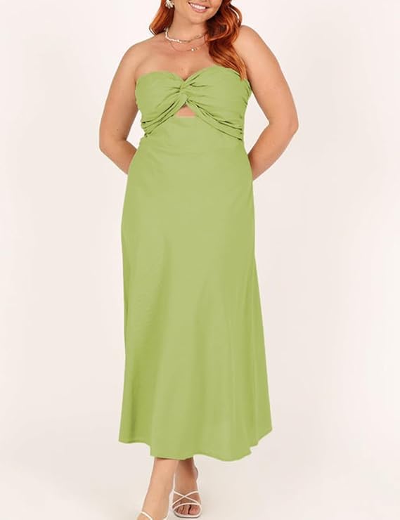 Image of Women Strapless Twist Front Midi Linen Cutout Wedding Guest Dress | Sexy,Sweetheart Neckline,Tube,Long,2026 Summer,Vacation,Formal,Cocktail,Bridesmaid,Party,Baby Shower,Beach,Elegant,Evening