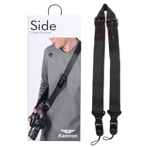 Image of Kamron Side Camera Sling Strap - Adjustable Woven Nylon Neck & Shoulder Strap with Quick Release, Anti-Fall Locks & Leather Accents - Compatible with DSLR, Mirrorless & Action Cameras