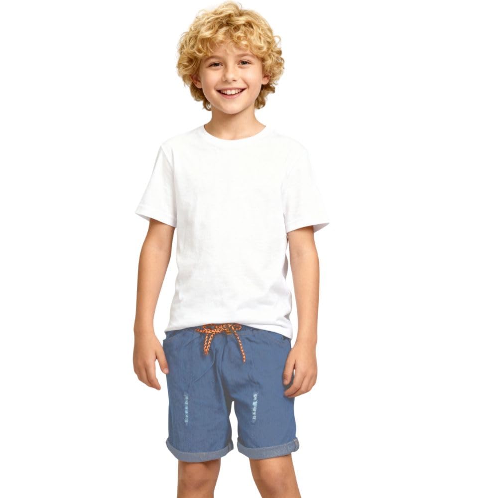 A.T.U.N. (ALL THINGS UBER NICE) Elegantes pantalones cortos de mezclilla para niños hasta la rodilla, aspecto elegante lavado, uso diario de moda casual con cordón en la cintura y dobladillo plegado