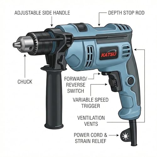 KATSU Tools Electric Impact Drill 500W with 13mm Chuck, Variable Speed and 360° Rotating Handle, for DIY and Home Use, Drilling Wood, Brick, Metal and Concrete (Budget) - Image 5