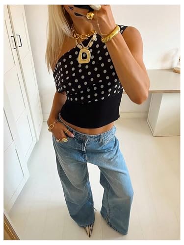 GORGLITTER Women's Polka Dots One Shoulder Y2k Crop Tops Asymmetrical Neck Short Sleeve T Shirt4