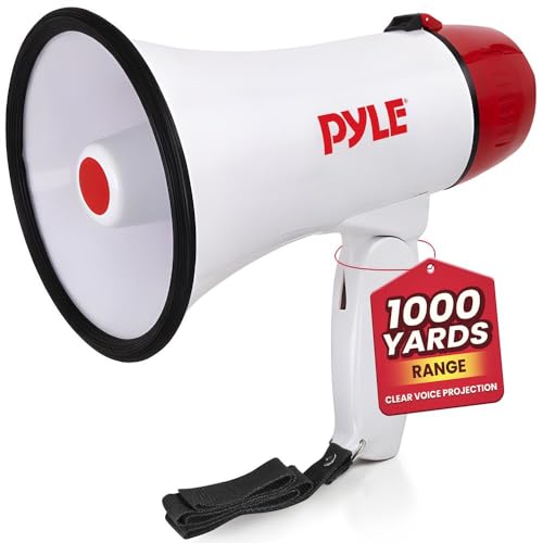 Pyle 20W Megaphone Bullhorn - 5.4'' x 8.6'' Portable Megaphone, Projection Range Up to 1100 Sq. Yards, Voice Talking & Siren Alert, Shoulder Strap, Battery Operated, (White)