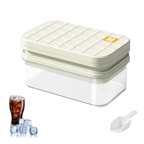 Bac à Glaçons avec Couvercle et Réceptacle, Bac à Glaçons avec Pelle à Glace, 56 Pièces Carrées, Double Couche Empilable, pour Boissons, Café et Whisky, Blanc