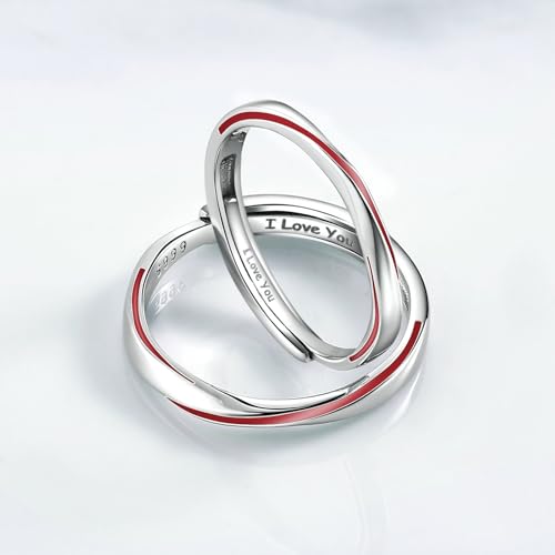 BCughia Anillo Plata de Ley 999 Ajustable, Anillos Compromiso Pareja Línea Roja Mobius Grabado I Love youAnillo de Boda Promesa - imagen 4