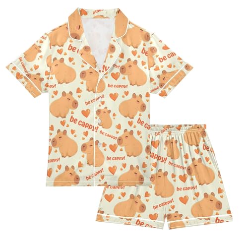 senya Happy Cute Capybara Heart Satin Summer Pajama Sets Silk Short Sleeve Button Down Sleepwear