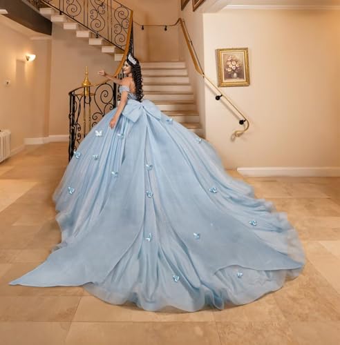 Mouccy Beaded 3D Butterfly Quinceanera Dresses with Train Off Shoulder Sweet 16 Dress Puffy Tulle Prom Dresses Long Ball Gown3