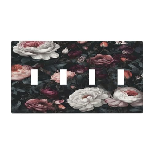Decorative Light Switch Cover Plate Rustic Big Pink Flowers White Peony Floral 4 Gang Wall Plate Oversized Quad Toggle Switch Cover Plate Jumbo Faceplate for Home Decor