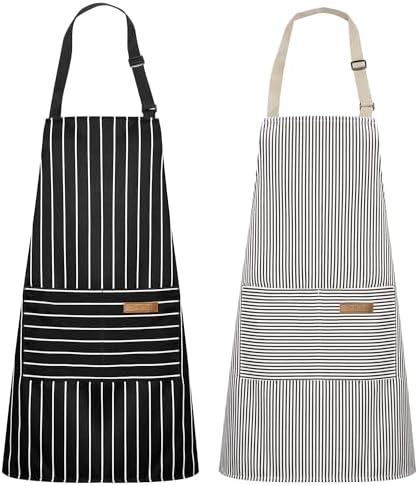 Syntus 2 Pack Kitchen Apron with 2 Pockets for Women, Stripe, Polycotton