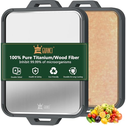 Titanium Cutting Board for Kitchen, Double Sided Pure Titanium and Wood Fiber Cutting Board with Juice Groove, Food Grade Material, for Chopping Meat/Vegetables/Fruit Dishwasher Safe 16'×11'
