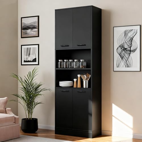POWERSTONE Wood Kitchen Pantry Cabinet, 75' Tall Bathroom Storage Cupboard with 4 Doors & Shelves, Slim Freestanding Utility Hutch for Dining Room, Living Room, Bathroom Black