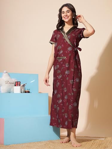 Image of 9shines Label Stylish Cotton Nighty Robe for Women | Front Open Floral Housecoat | Wrap Nighty with Pocket | Adjustable Waist Tie | Plus Size housecoat (HC-2026)