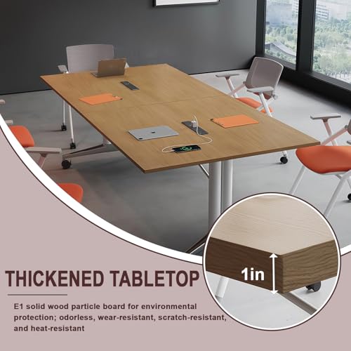 Modern Foldable Retractable Large Conference Table for 8-10 People, Wooden Meeting Table, Designed with Built-in Cable Holes and Foot Brake Pulley for Office Conference Room