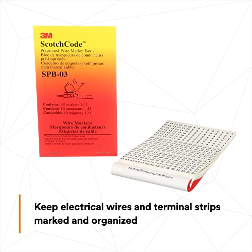 3M Scotchcode Pre-Printed Wire Marker Book Spb-03, Vinyl Coated, Black Printed Numbers (10) Each 1–45, White Background Highlights Characters, 5/Case #TOP3