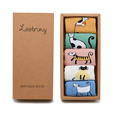 Leotruny Women's Colorful Cute Cat Crew Socks With Gift Box (X-5Pairs-Solid Color) #TOP5