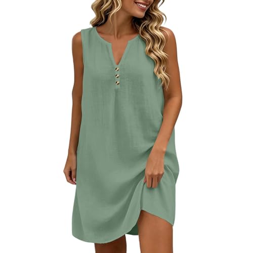 Générique Robe Femme Coton Et Lin Été - Robes Chic Et Elegant sans Manches Col en V Boutonné Robes Décontracté Ample Habillée Ete Fluide Grande Taille...