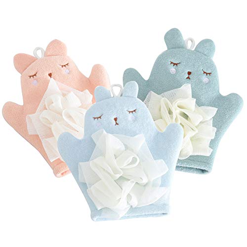 Image of HSENCHO Bath Sponge for Kids Cute Animal Shower Bathing Mitt Loofah Soft Wash Sponge Body Scrub for Baby Toddler (Set of 3