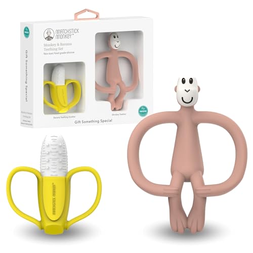 Matchstick Monkey Teething Gift Set for Babies - Banana Teether & Monkey Teether BPA Free Silicone Easy Grip for Teething Relief & Oral Development, Ages 3+ Months, Dusky Pink