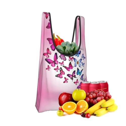 Pink Butterflies Print Grocery Shopping Bags Reusable With Flowers Plant Lover Gifts Shopping Bag Lightweight Foldable Bag2