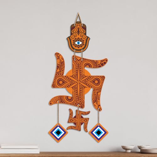 Image of Artvibes Traditional Swastik Wall Hanging with Hamsa Hand & Evil Eye Charms | Wooden Vastu Decor for Home Entrance | Temple | Spiritual Hanging for Prosperity | Protection and Good Luck (WH 85104N)