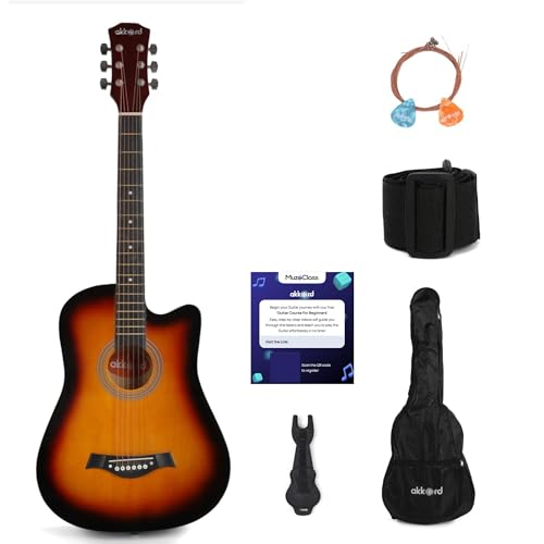 Image of AKKORD Basswood 38 Inch Acoustic Cutaway Guitar Kit With Gigbag, Strings, Picks, Strap And Key - Glossy Sunburst | Complete Guitar Kit For Beginners With Free Course