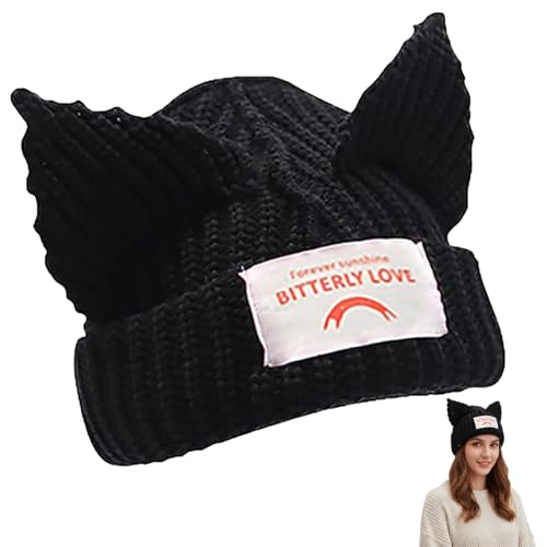 Gorro de punto con orejas de gato negro para mujer 2