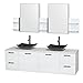 Wyndham Collection Amare 72" Double Bathroom Vanity in Glossy White, White Man-Made Stone Top, Arista Black Granite Sinks, Medicine Cabinets