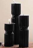LETINE Black Sandalwood Pillar Candles Set of 3 - Decorative Ribbed Soy Wax Spiral Spire Candles for Home Decor, Bulk Scented Candles for Entryway Table, Living Room& Coffee Table Decor