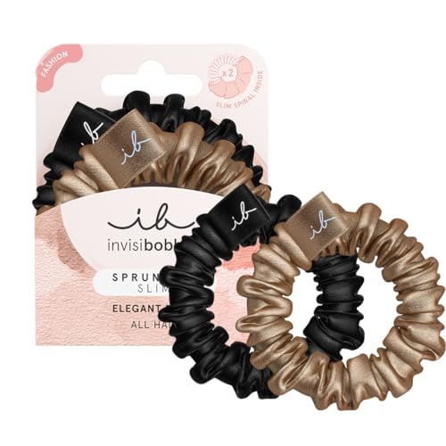 Invisibobble Sprunchie Slim coletero seda negro y dorado x2 - Scrunchie seda con goma de pelo en espiral al interior - Silk scrunchies suave con gran sujeción
