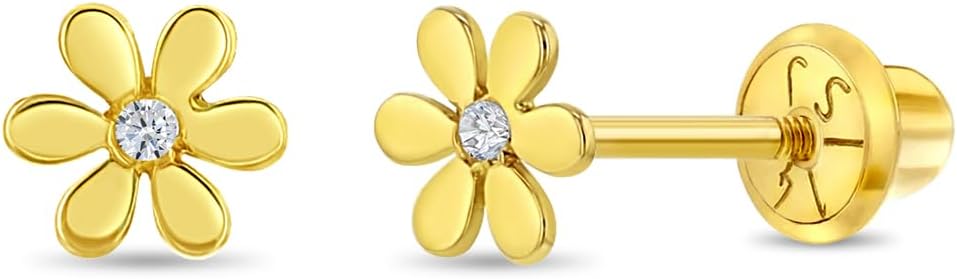 14k Yellow Gold Tiny Flower Clear Cubic Zirconia Screw Back Earrings For Toddlers & Little Girls - Adorably Petite Floral Earrings For Young Girls - Dazzling CZ Earrings For Toddler Girls