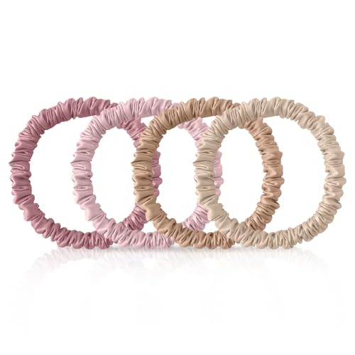 4Pcs 100% Mulberry Silk Scrunchies Hair Care, 22 Momme Mulberry Silk Skinny Hair Ties Elastic, Hair Ties Scrunchies Set Women Curly Thin Hair (Beige,Blonde,Pink,Plum Purple)