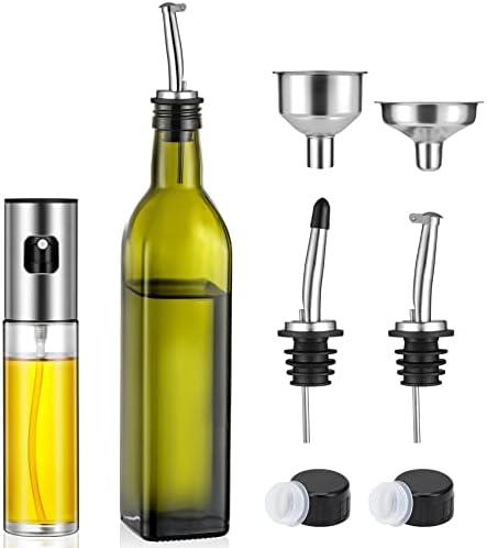 NETANY Olive Oil Dispenser 17 OZ and Oil Sprayer Bottle 100 ML for Cooking Set - Green Oil and Vinegar Cruet Bottle Set for Kitchen - Glass container with Drip-Free Stainless Steel Spout