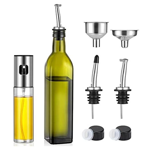 NETANY Olive Oil Dispenser 17 OZ and Oil Sprayer Bottle 100 ML for Cooking Set - Green Oil and Vinegar Cruet Bottle Set for Kitchen - Glass container with Drip-Free Stainless Steel Spout