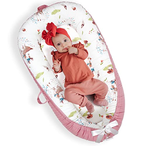 Image of Uaugh Baby Lounger & Infant Floor Seat, 100% Breathable Cotton, Perfect for Lounging & Tummy Time, Adjustable & Portable for Travel| Baby Essentials Gift for Newborn Must Have (Pink)