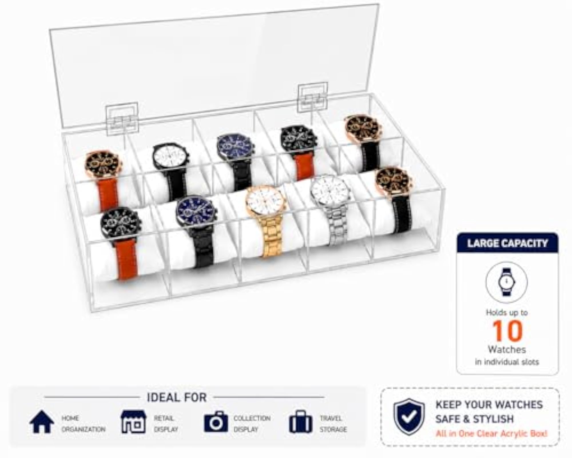 Watch Display Case 10 Slot, Clear Organizer Box