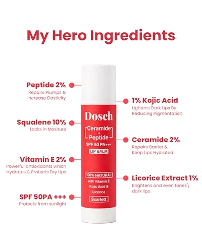 Image of DOSCH Tinted Lip Balm SPF 50 PA+++ - Scarlet | 2% Peptides, 2% Ceramides & 10% Natural Squalane | With Vitamin E | Brightening Lip Balm for Dark, Pigmented & Chapped Lips | 5 g | 24H Moisturization & Hydration | Kojic Acid & Licorice | For Women
