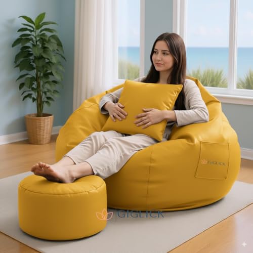 Image of 4XL Bean Bag Cover with Foot Stool & Cushion Cover | Premium PVC Leatherette | Double Stitched | 6 Months Warranty (Beans Required) Color- (Yellow)