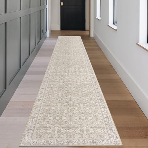 2.6x18 Cream Beige White Grey Washable Runner Rug for Kitchen, Soft Classic Runner with Non-Slip, Non-Shedding Distressed Floral Rug for Hallways Entryway Bedroom Laundry Indoor