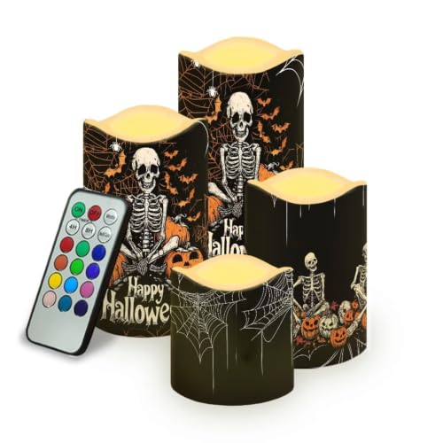 Image of Skeleton LED Flameless Candles with Remote Control | Halloween Flameless Candle Set with Timer, Battery Operated Fake Candles for Kitchen Room Home Decor, 4 Pack