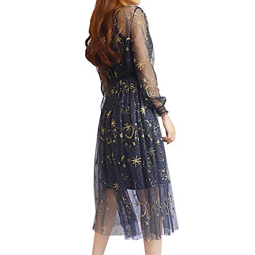 Women Summer Chiffon Dress Stars Moon Print Embroidered Skirt Long Puff Sleeve Princess Dress2