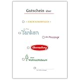 Kartenkaufrausch Netter Ankreuz Gutschein, Gutschein über einen Kinobesuch, ein mal tanken, eine Massage, Überraschung, einen Weihnachtsbaum und zum selber eintragen • als festliche Grusskarte