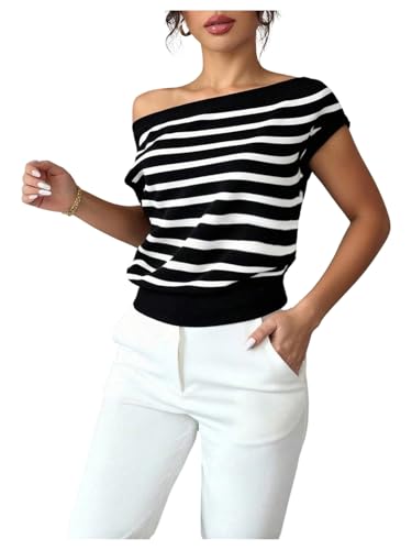 RoseSeek Women's Striped Off The Shoulder Tops Short Sleeve Casual T Shirt Summer Tops Black and White Medium