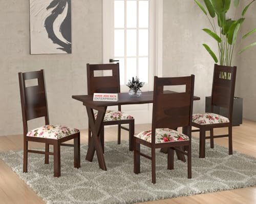 Image of Sheesham Wooden 4 Seater Dining Table with Cushion Chairs Dining Set for Dining Room - Wooden Dining Table 4 Seater Modern Dining Table Set of 4 for Living Room Home | (Design 17)