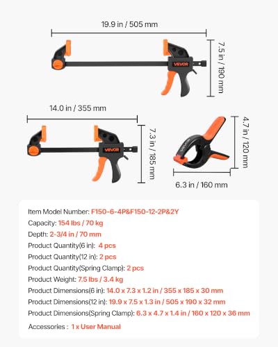 Image of VEVOR Bar Clamps for Woodworking, 8-Pack, 6 inch and 12 inch, with Spring Clamps, One-Handed Clamp /Spreader, 154 lbs Load Limit, Quick Release, Self-Locking Design, for Wood Working and Metal Working