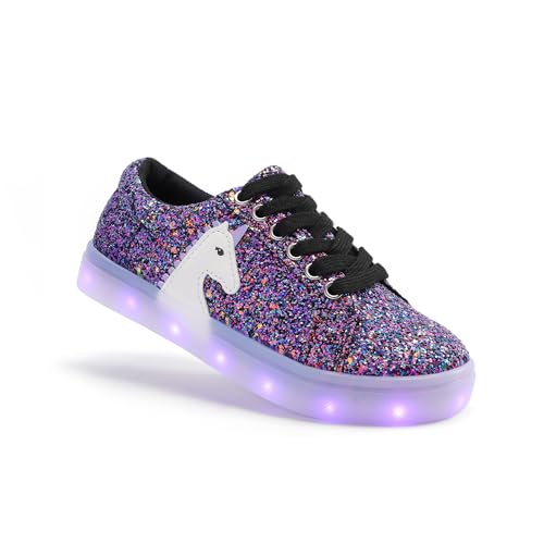 FabKids Light Up Shoes Girls Sparkly Unicorn Sneakers Purple Glitter Low Top Lace Up Shoes for Toddler Size 10