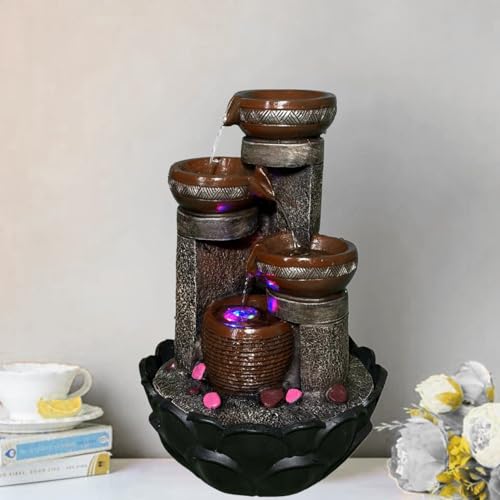 Image of LED Indoor Tabletop Water Fountain, Polyresin Cascading Waterfall Showpiece with Running Water and Light, Decorative Fountain for Home, Office, Living Room, Meditation, Vastu, Desk Decor