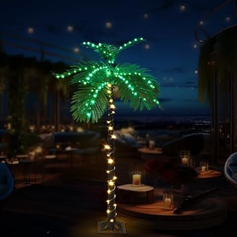 LKGOOD Artificial Lighted Palm Tree 4.7FT Light Christmas Tree LED Tropical Palm Trees Decoration Indoors Outside Patio Office Tiki Bar Beachy Pool Tropics Cover