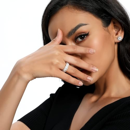 18K White Gold Plated Round-Cut Cubic Zirconia All-Around Band Ring Cocktail Jewelry for Women and Men4