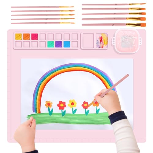 TNOMSNO Bastelmatte Silikon, 51x41CM Malunterlage für Kinder, Silikon Malmatte mit Bechern und 10 Pinsel, Multifunktional Silicone Painting Mat für DIY Handwerk Kinder Malen, Abwaschbar, BPA frei