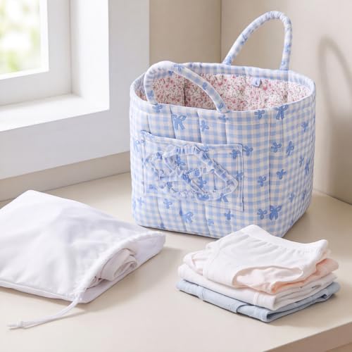 Image of Quilted Fabric Basket Foldable Car Storage Boho Floral Laundry Basket Hamper for Nursery Bedroom & Living Room | Organize Clothes Toys (Bow)