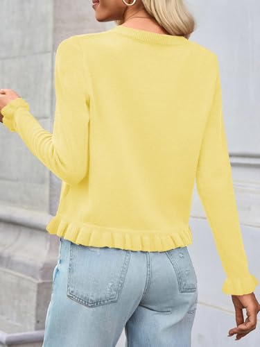 Image of Saodimallsu Womens Ruffle Cardigan Sweaters Button Up Crew Neck Long Sleeve Cropped Sweater Cute Soft Knit Tops
